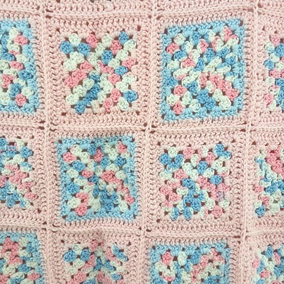 Handmade Crochet Baby Afghan Knitted Blanket Swaddle Lap Throw ~ White Blue Pink - Picture 4 of 9